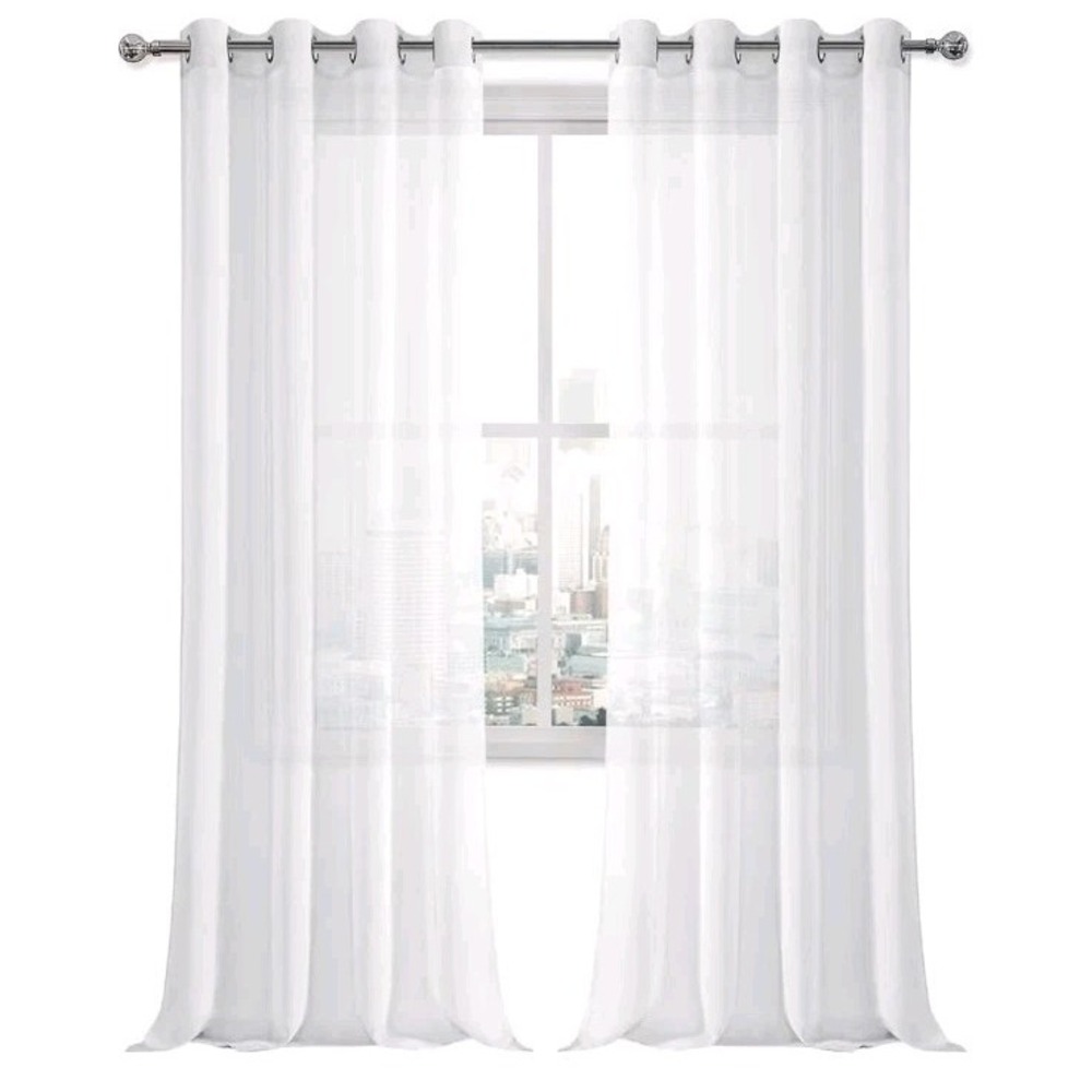 White Sheer Linen Textured Grommet Curtain Panels 55x84 Set of 2